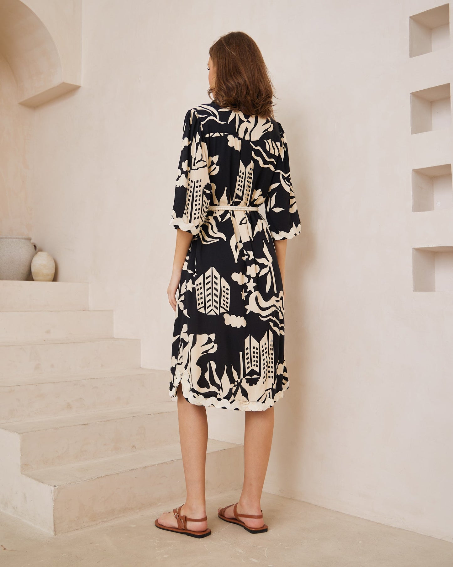 Cali Black Abstract Ric Rac Midi Dress