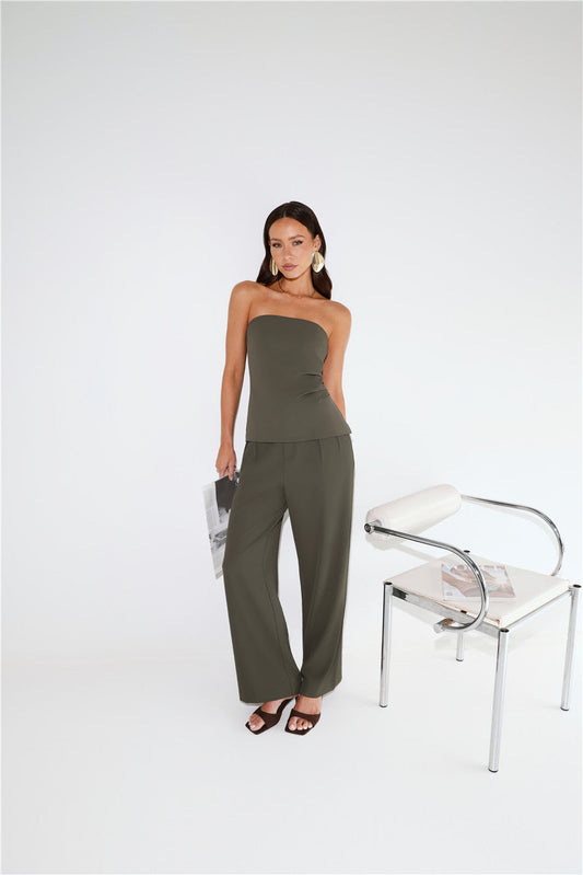 Linear Mood High Rise Straight Leg Tailored Pants Khaki