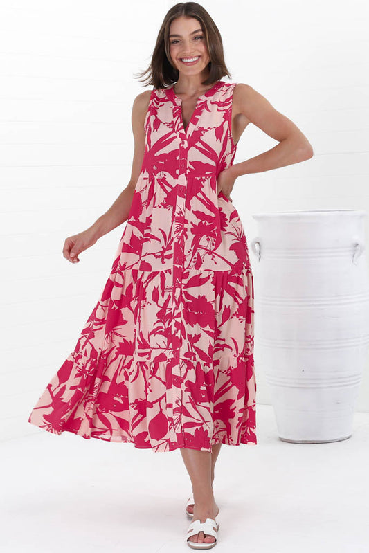 Acelle Midi Dress - Sleeveless Bermuda Collar Button Down Dress In Patty Print Pink