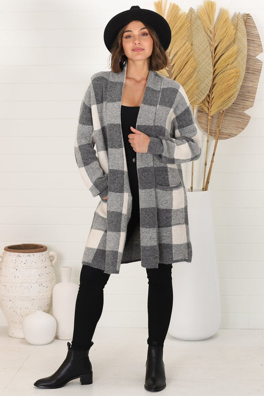 Adelen Cardigan - Folded Center Front Checkered Cardigan In Grey
