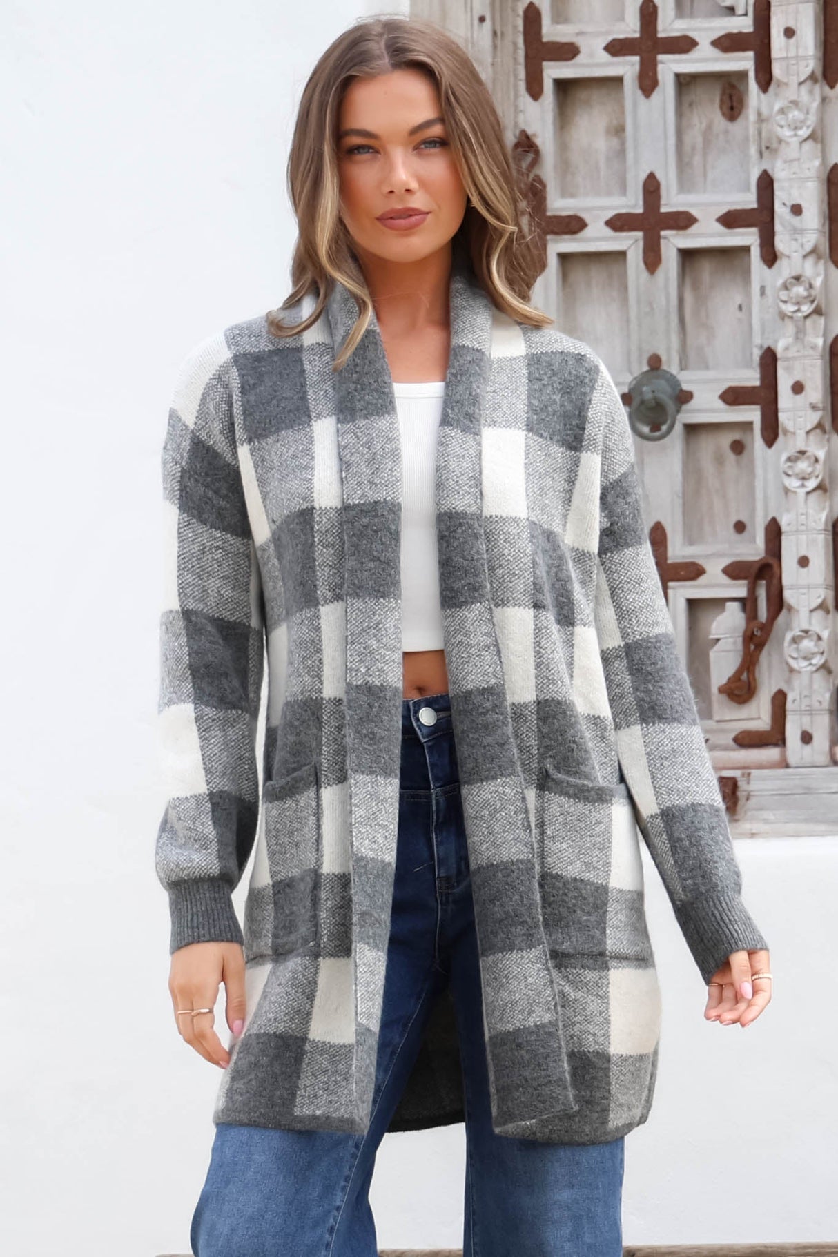 Adelen Cardigan - Folded Center Front Checkered Cardigan In Grey