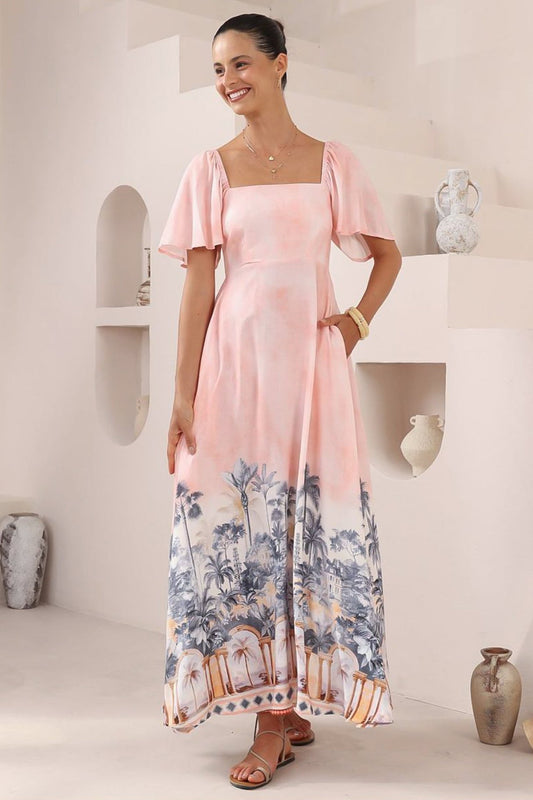 Ashby Maxi Dress - On Or Off Shoulder A-Line Dress With Pockets In Armena Print