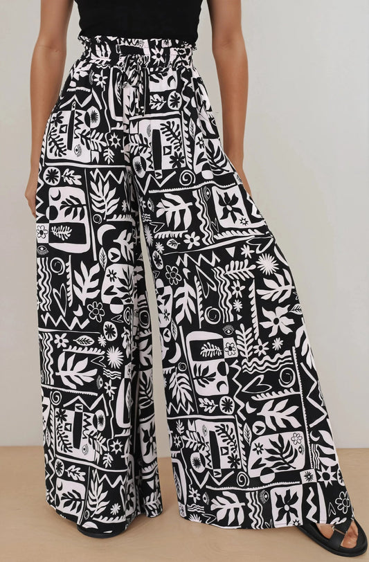 Ashora Pants - Paper Bag High Waisted Wide Leg Pants With Black & White Graphic Print