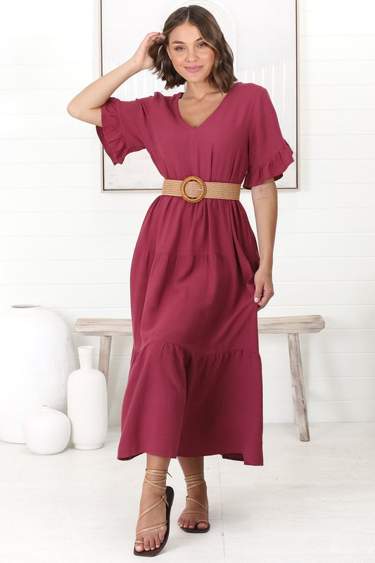Audrina Midi Dress - V-Neck Tiered Linen Dress With Pockets In Burgundy