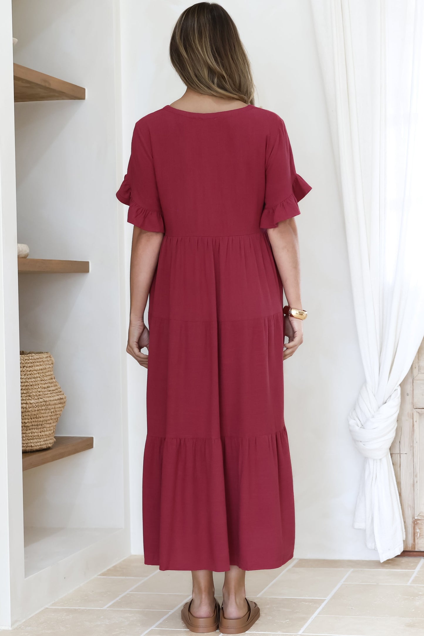 Audrina Midi Dress - V-Neck Tiered Linen Dress wi