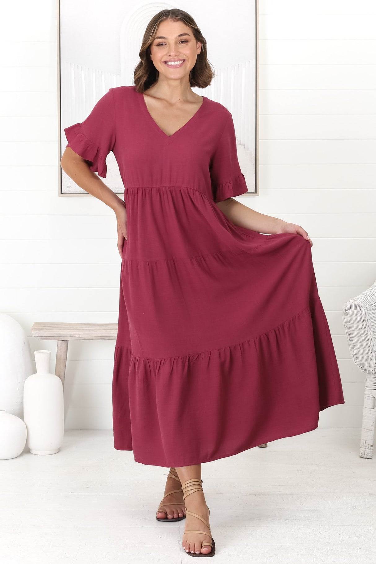 Audrina Midi Dress - V-Neck Tiered Linen Dress With Pockets In Burgundy