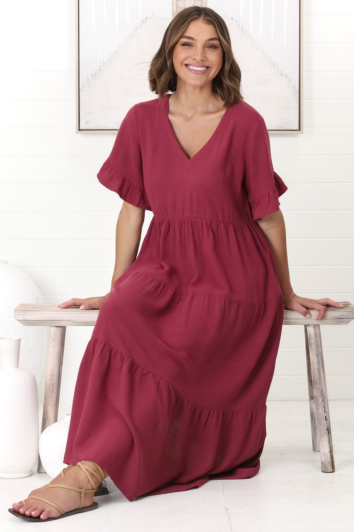 Audrina Midi Dress - V-Neck Tiered Linen Dress With Pockets In Burgundy
