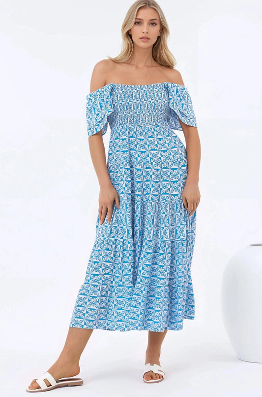 Aylia Midi Dress - Milkmaid Neckline Elasticated Bodice Frill Cap Sleeve Dress In Dory Print
