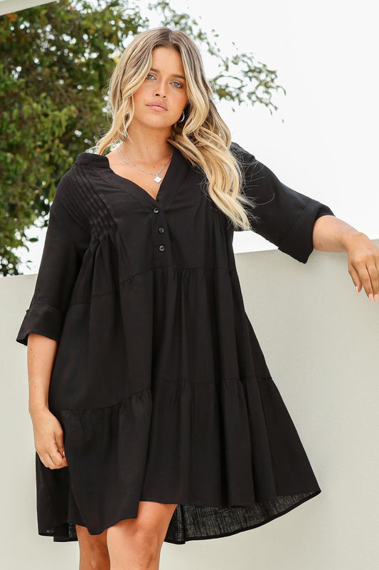 Ayva Mini Dress - 3/4 Sleeve Tiered Smock Dress In Black