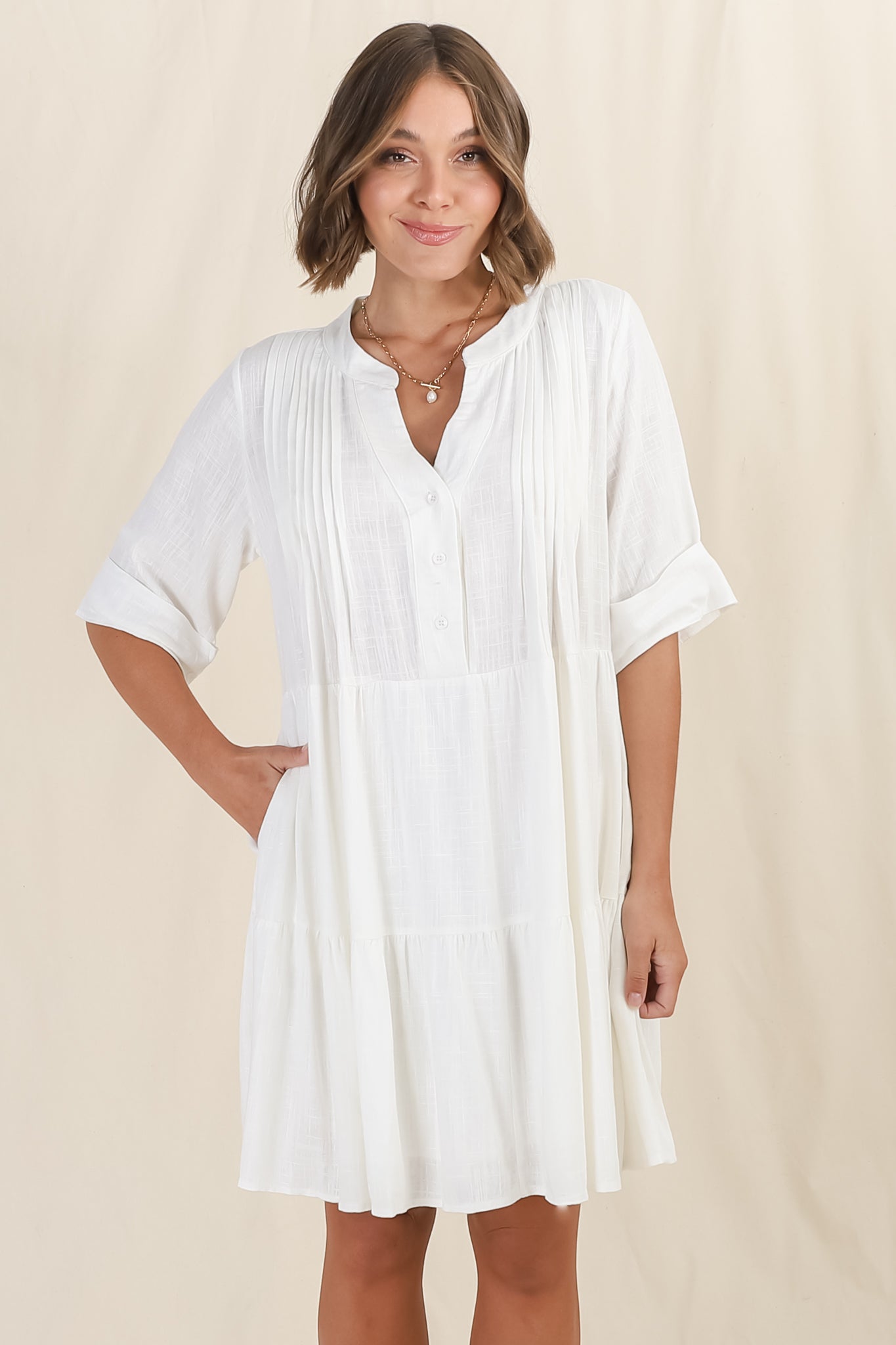 Ayva Mini Dress - 3/4 Sleeve Tiered Smock Dress in