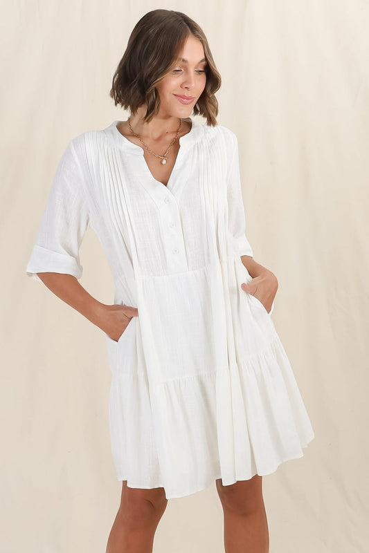 Ayva Mini Dress - 3/4 Sleeve Tiered Smock Dress In Off White