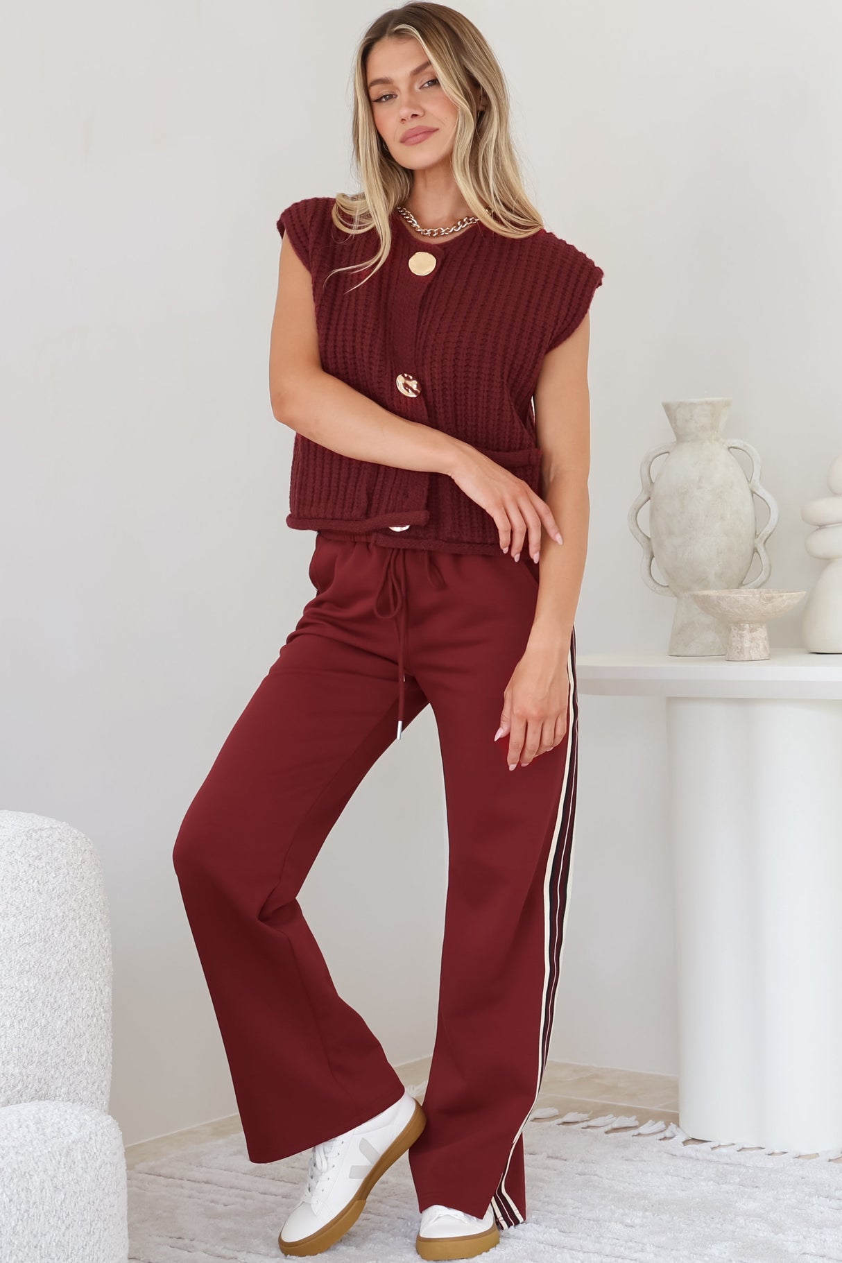 Beckham Pants - High Waisted Sports Stripe Pants In Burgandy