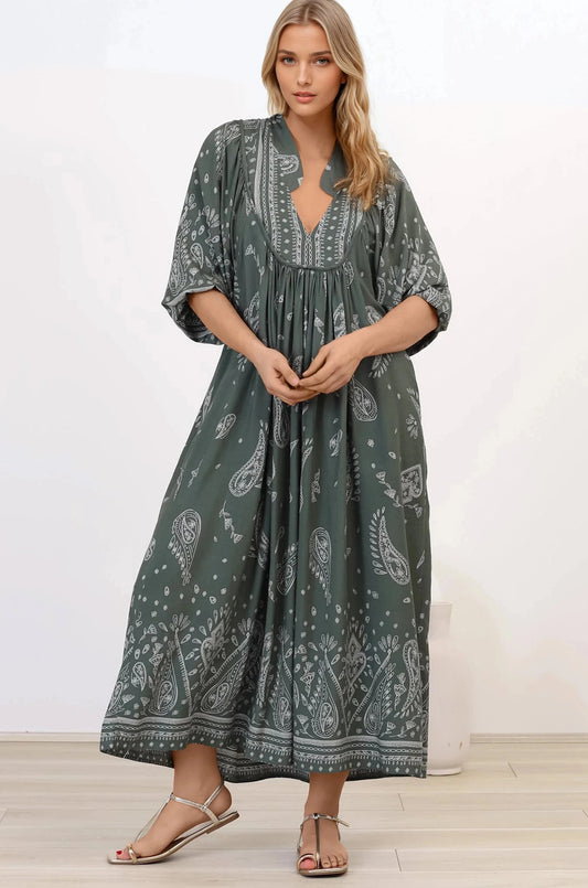 Jaase - Boheme Midi Dress: Piping Defined Bust Slimline Smock Dress In Constance Print