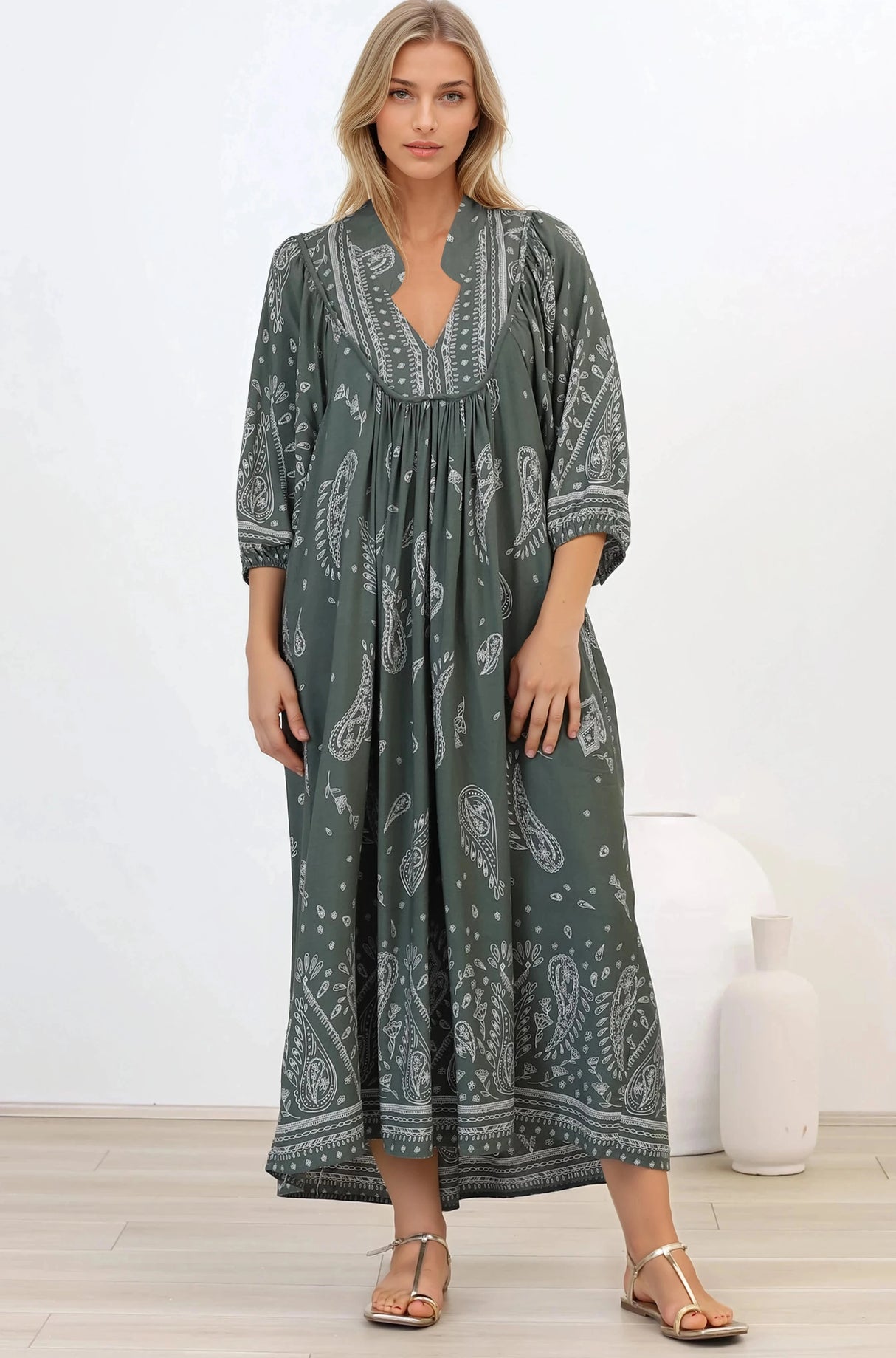 Jaase - Boheme Midi Dress: Piping Defined Bust Slimline Smock Dress In Constance Print