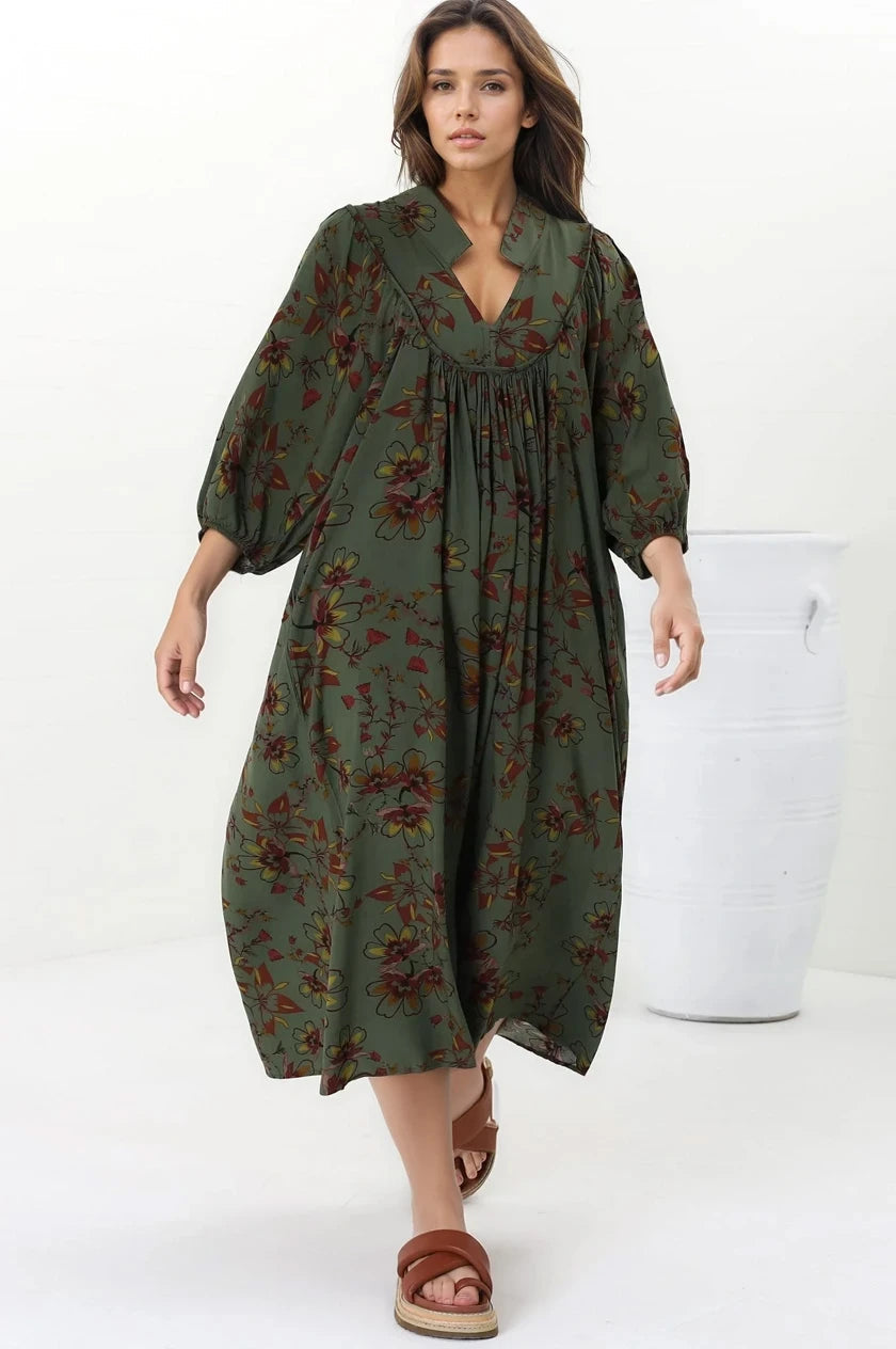 Jaase - Boheme Midi Dress: Piping Defined Bust Slimline Smock Dress In Esme Print