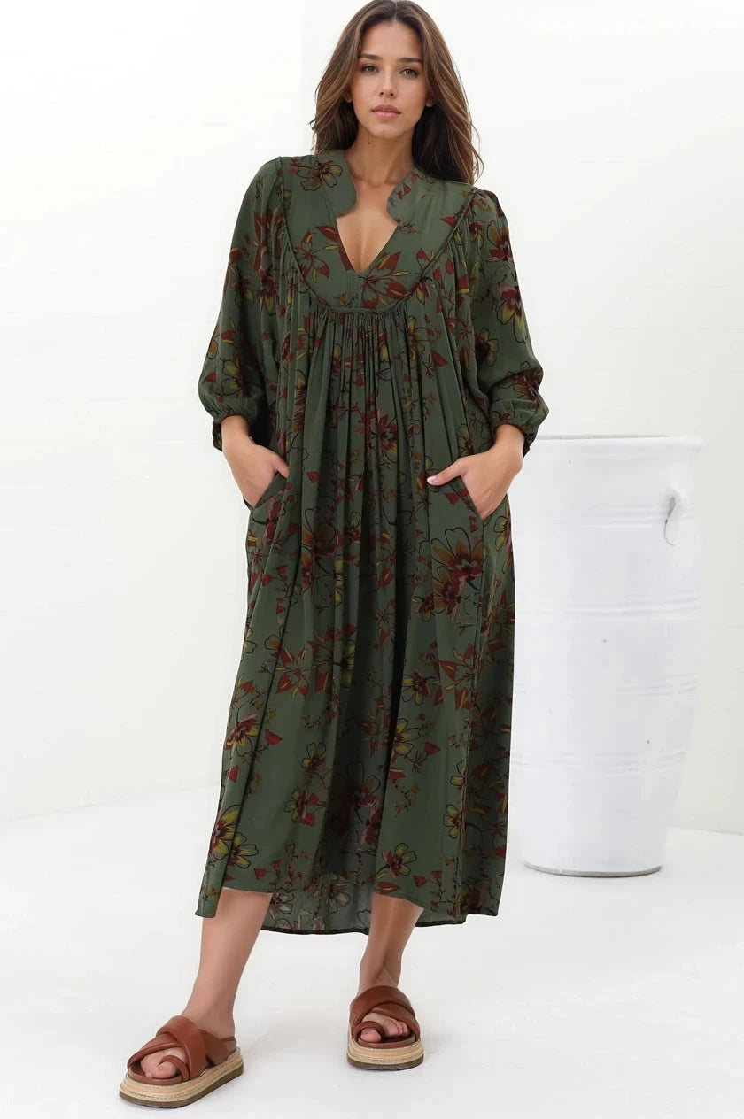 Jaase - Boheme Midi Dress: Piping Defined Bust Slimline Smock Dress In Esme Print