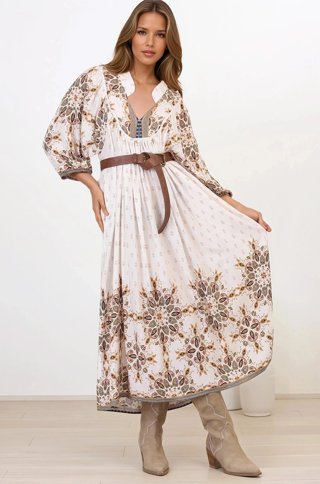 Jaase - Boheme Midi Dress: Piping Defined Bust Slimline Smock Dress In Gemstone Print