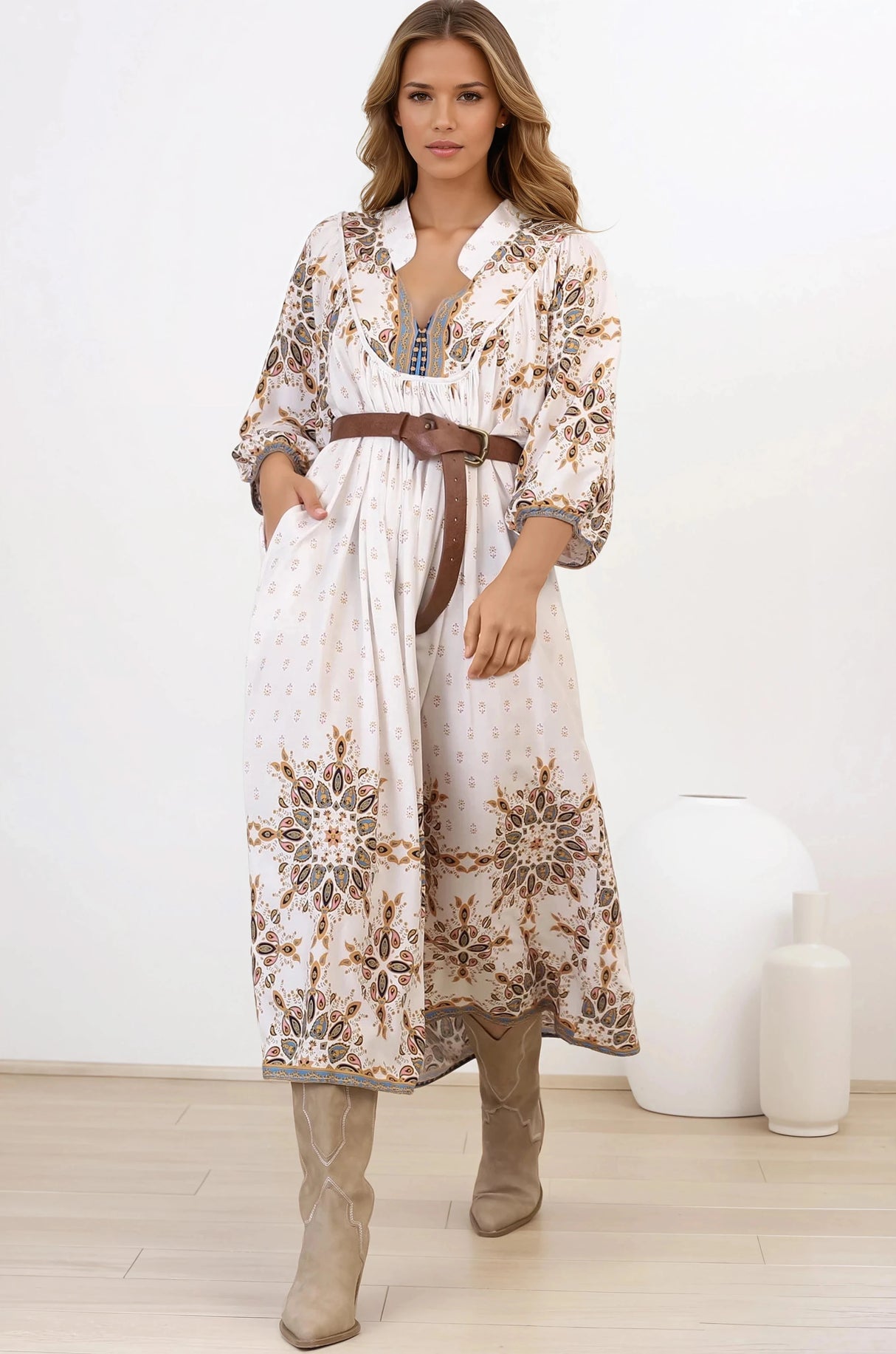 Jaase - Boheme Midi Dress: Piping Defined Bust Slimline Smock Dress In Gemstone Print