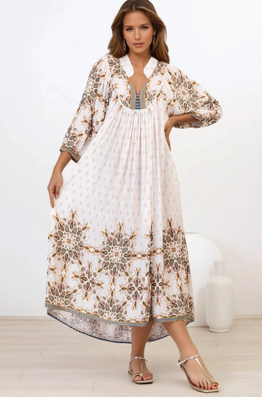 Jaase - Boheme Midi Dress: Piping Defined Bust Slimline Smock Dress In Gemstone Print