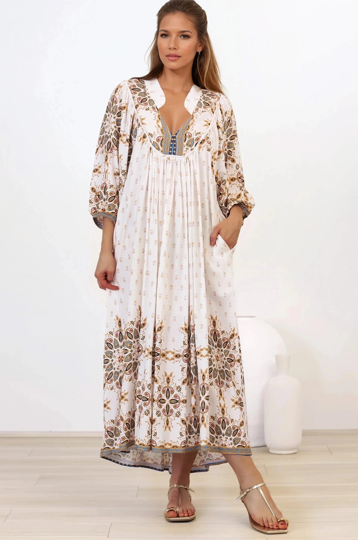 Jaase - Boheme Midi Dress: Piping Defined Bust Slimline Smock Dress In Gemstone Print