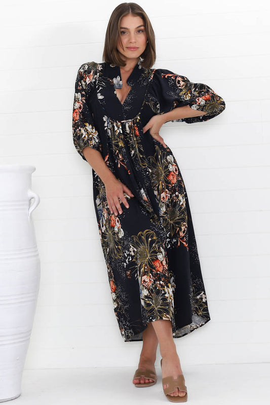 Jaase - Boheme Midi Dress: Piping Defined Bust Slimline Smock Dress In Indigo Print