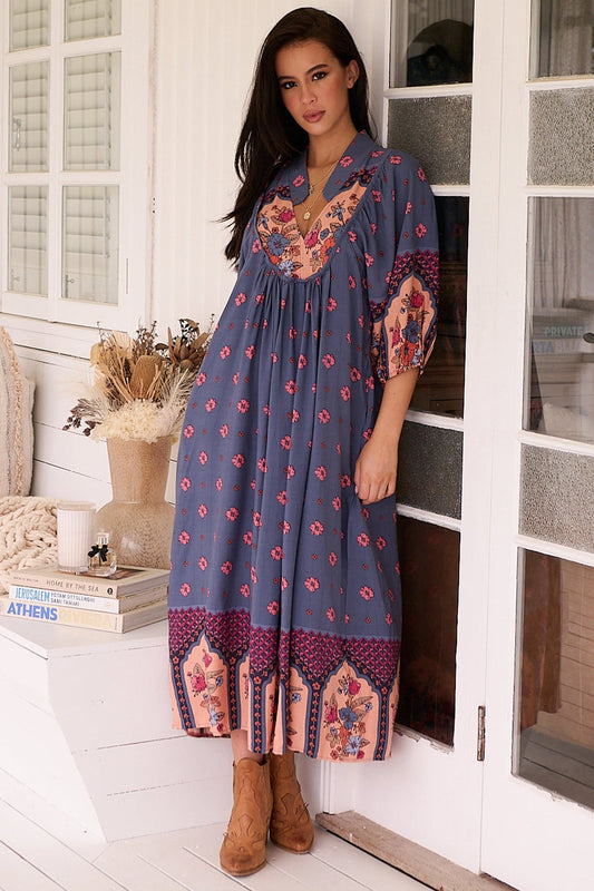 Jaase - Boheme Midi Dress: Piping Defined Bust Slimline Smock Dress In Laney Print