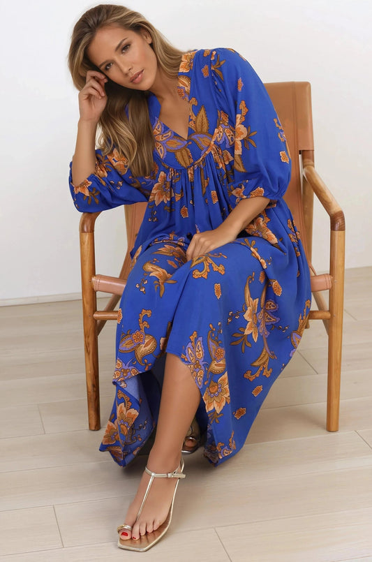 Jaase - Boheme Midi Dress: Piping Defined Bust Slimline Smock Dress In Maribella Print