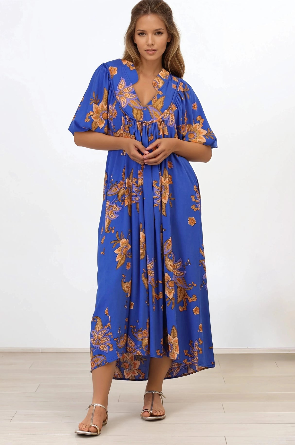 Jaase - Boheme Midi Dress: Piping Defined Bust Slimline Smock Dress In Maribella Print