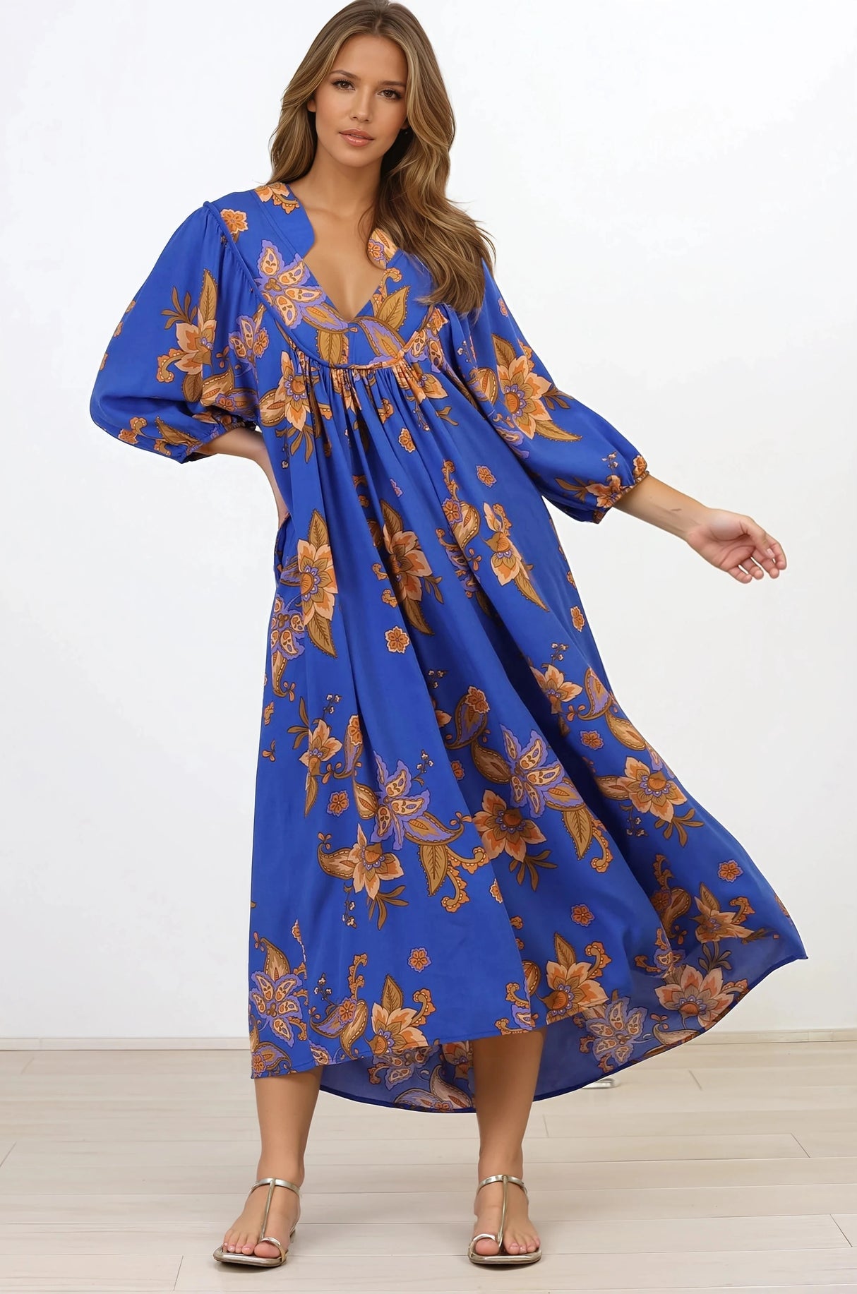 Jaase - Boheme Midi Dress: Piping Defined Bust Slimline Smock Dress In Maribella Print