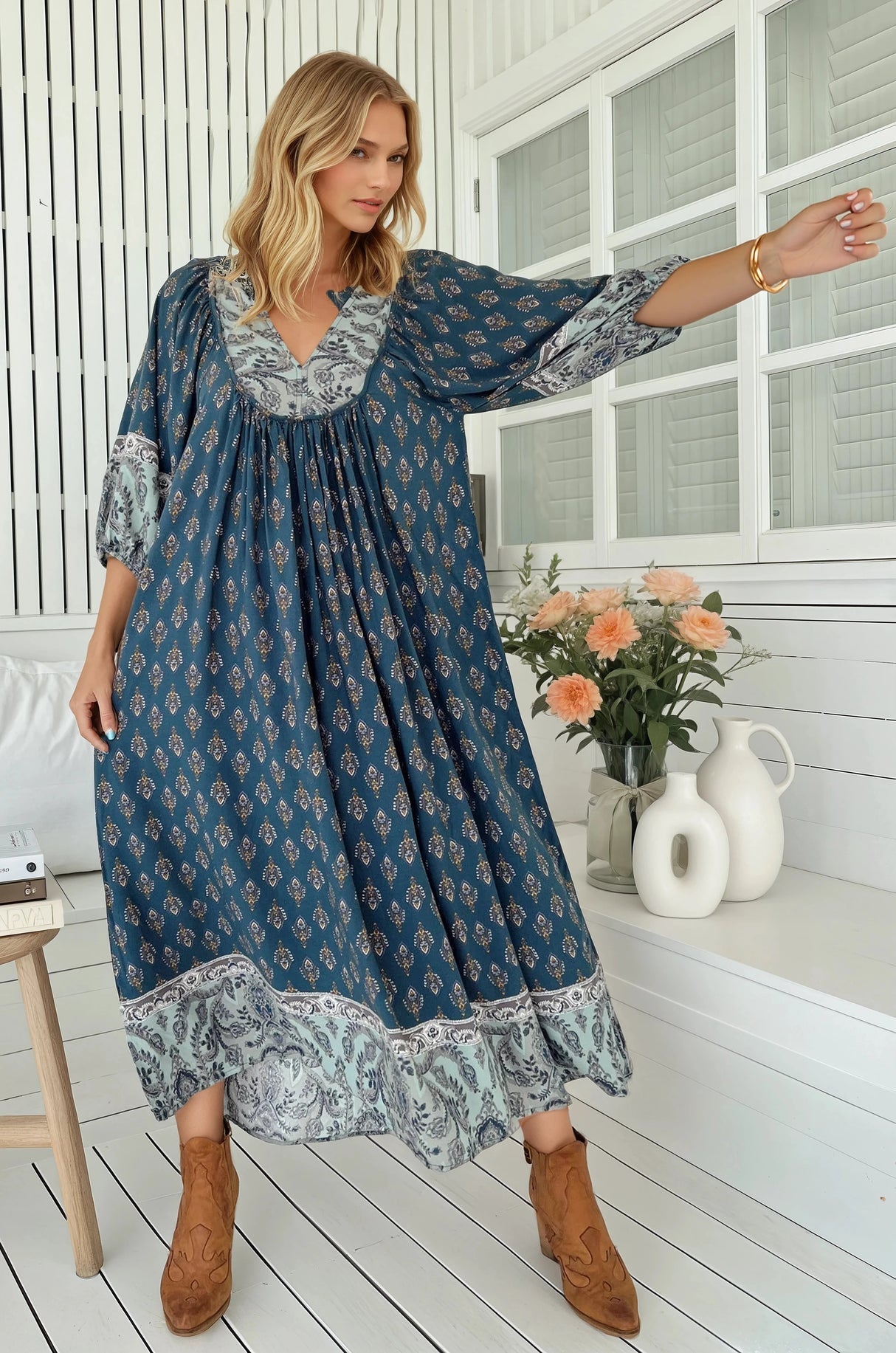 Jaase - Boheme Midi Dress: Piping Defined Bust Slimline Smock Dress In Nico Print