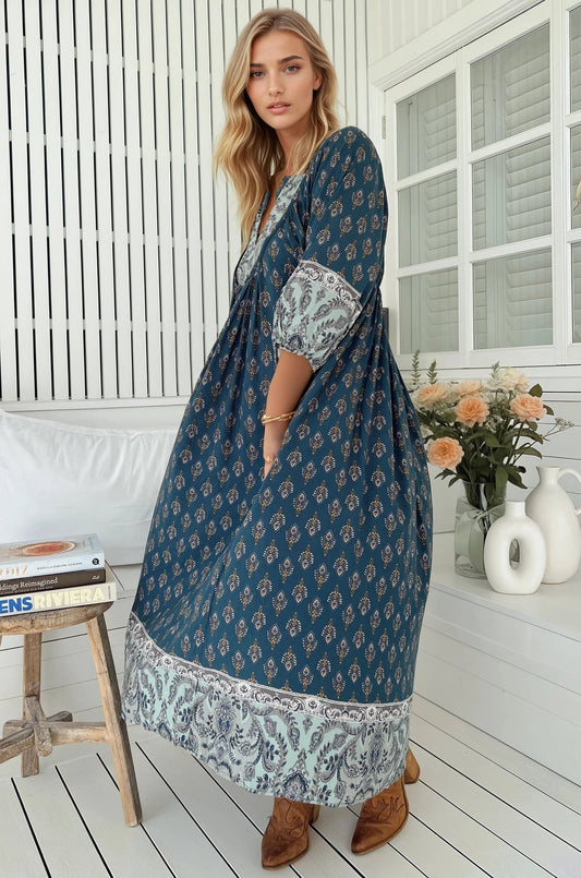 Jaase - Boheme Midi Dress: Piping Defined Bust Slimline Smock Dress In Nico Print