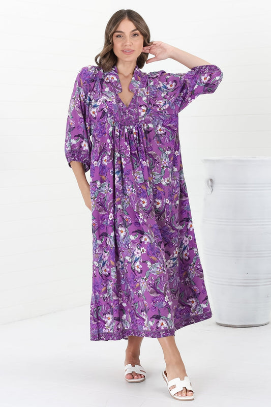 Jaase - Boheme Midi Dress: Piping Defined Bust Slimline Smock Dress In Rhodium Print