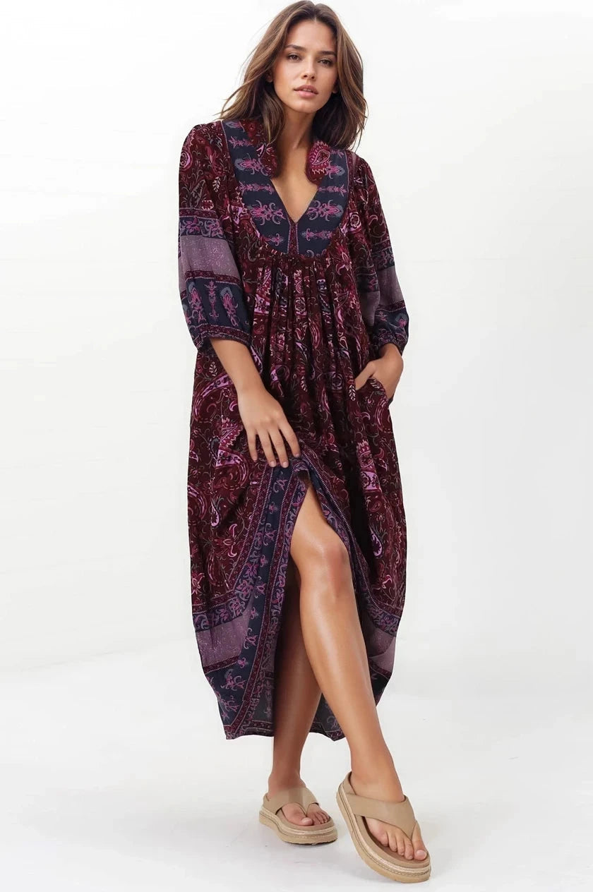 Jaase - Boheme Midi Dress: Piping Defined Bust Slimline Smock Dress In Sadie Print
