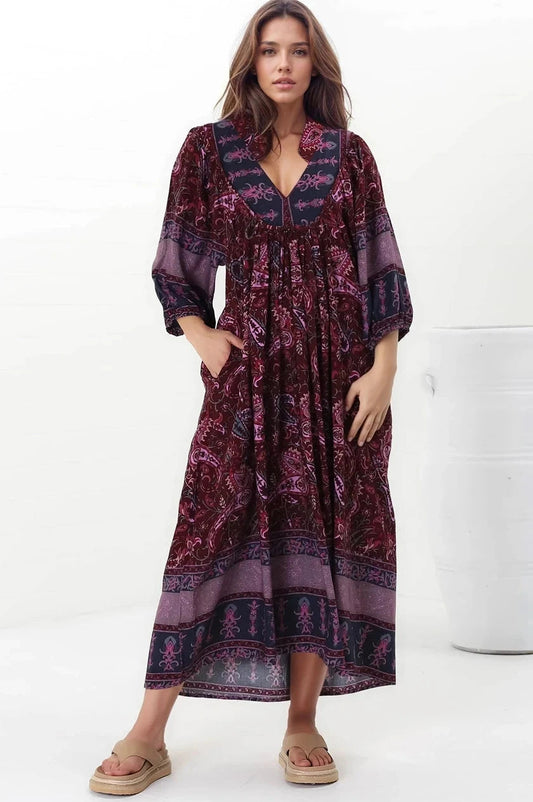 Jaase - Boheme Midi Dress: Piping Defined Bust Slimline Smock Dress In Sadie Print