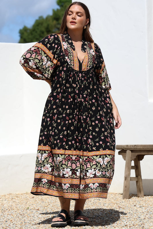 Jaase - Boheme Midi Dress: Piping Defined Bust Slimline Smock Dress In Eternity Print