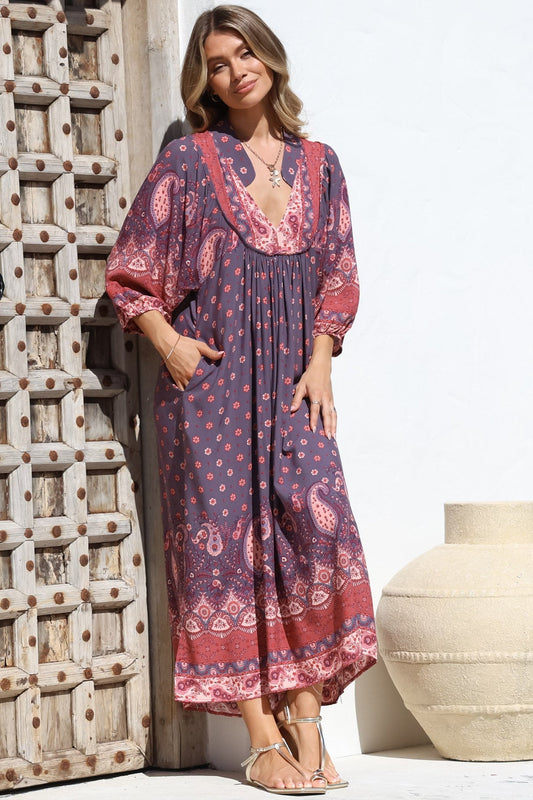 Jaase - Boheme Midi Dress: Piping Defined Bust Slimline Smock Dress In Dancing Daisy Print