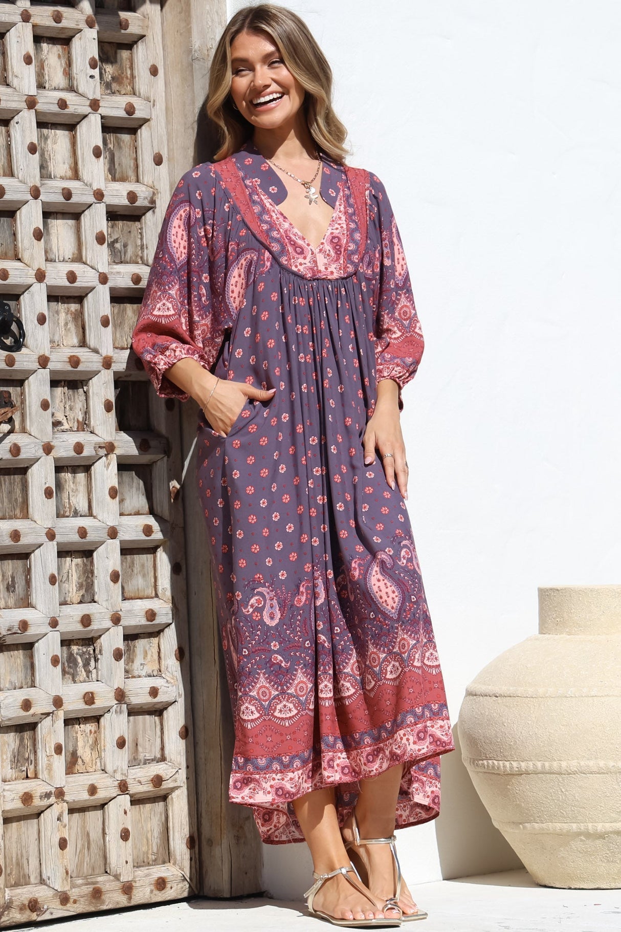 Jaase - Boheme Midi Dress: Piping Defined Bust Slimline Smock Dress In Dancing Daisy Print