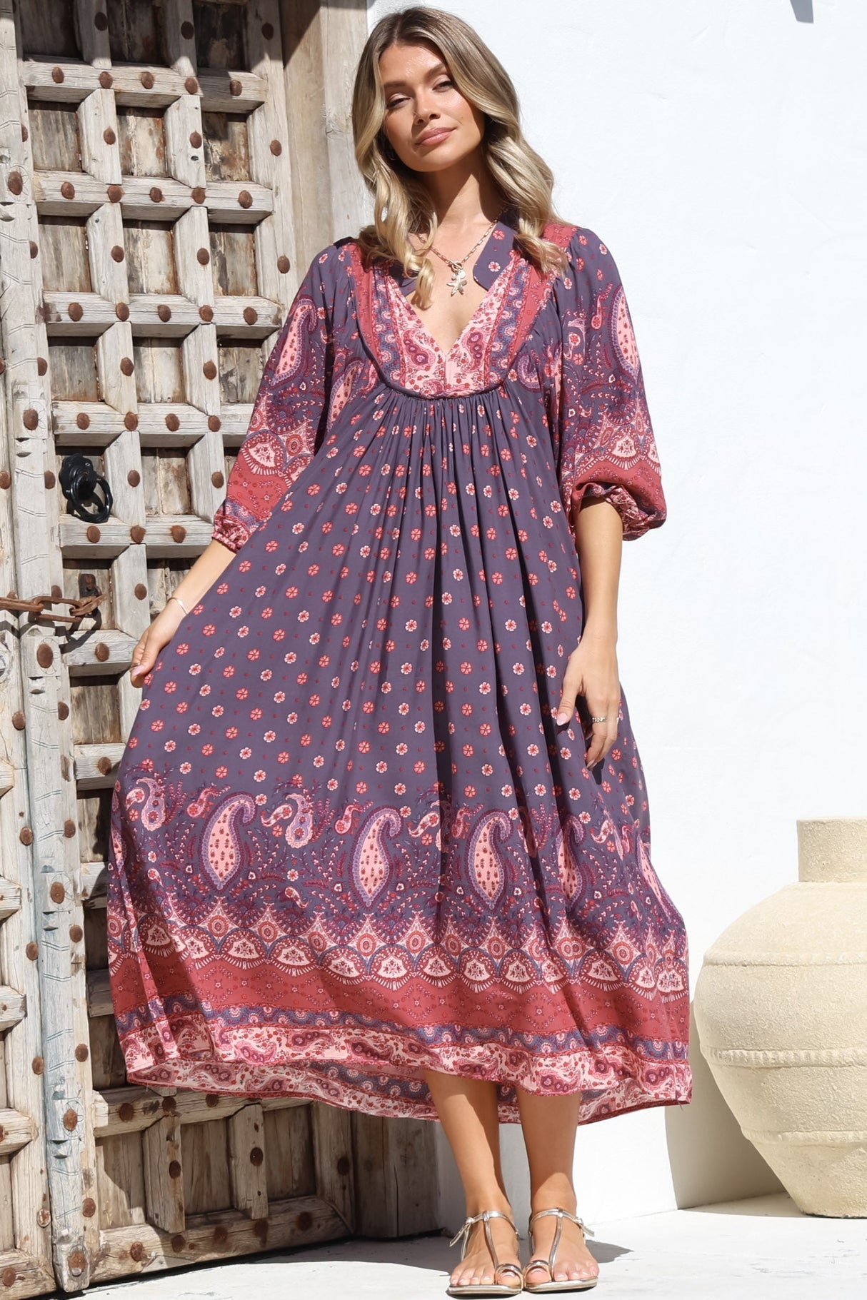 Jaase - Boheme Midi Dress: Piping Defined Bust Slimline Smock Dress In Dancing Daisy Print
