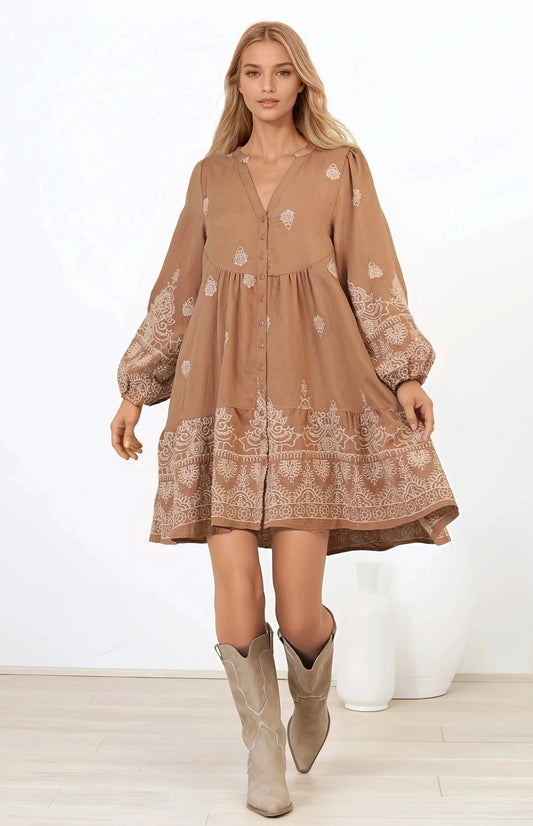 Brooke Mini Dress - Mandarin Collar Embroidered Button Down Dress With Pockets In Tan