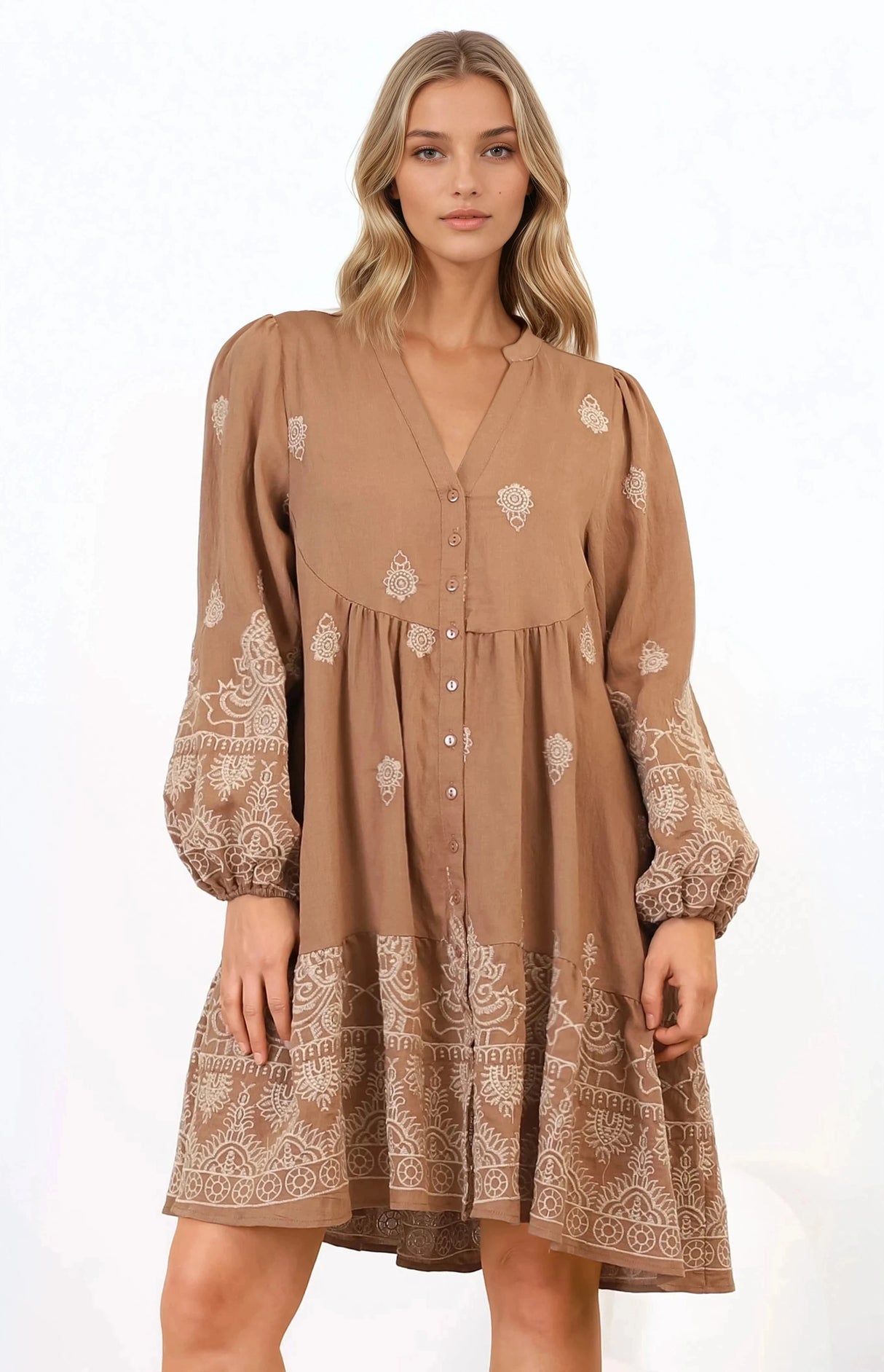 Brooke Mini Dress - Mandarin Collar Embroidered Button Down Dress With Pockets In Tan