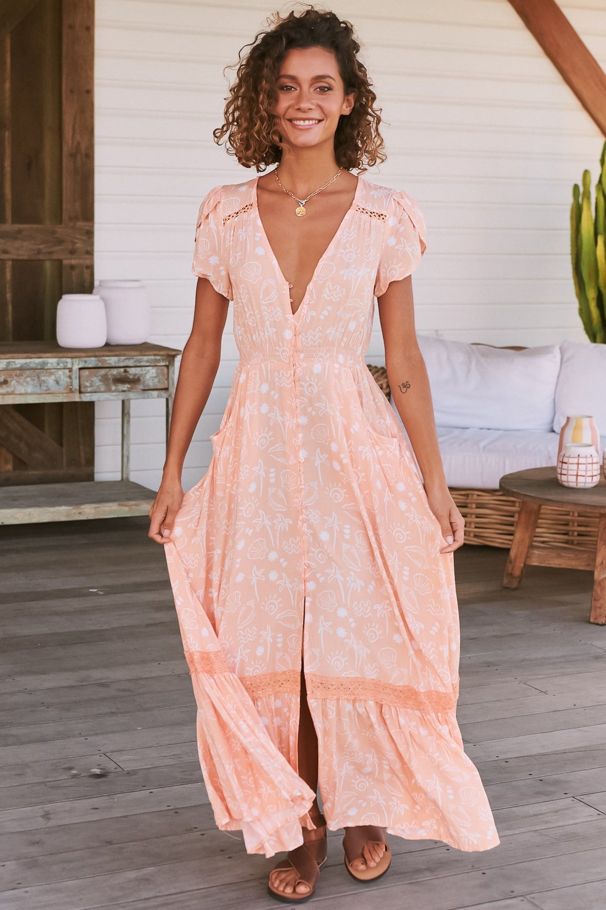 Jaase - Carmen Maxi Dress: Butterfly Cap Sleeve Button Down A Line Dress With Lace Trim In Peach Island Print