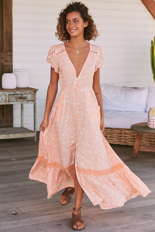 Jaase - Carmen Maxi Dress: Butterfly Cap Sleeve Button Down A Line Dress With Lace Trim In Peach Island Print
