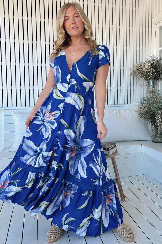 Jaase - Carmen Maxi Dress: Butterfly Cap Sleeve Button Down A Line Dress With Lace Trim In Asteria Print