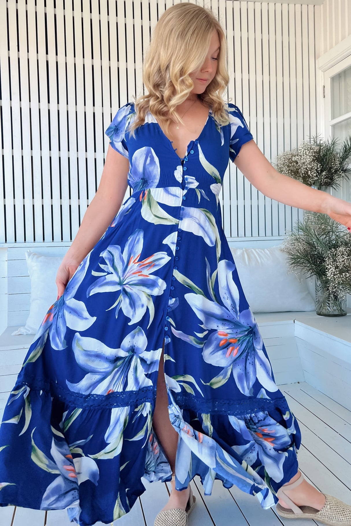 Jaase - Carmen Maxi Dress: Butterfly Cap Sleeve Button Down A Line Dress With Lace Trim In Asteria Print
