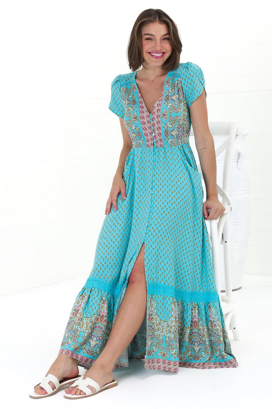 Jaase - Carmen Maxi Dress: Butterfly Cap Sleeve Button Down A Line Dress With Lace Trim In Atlantis Print
