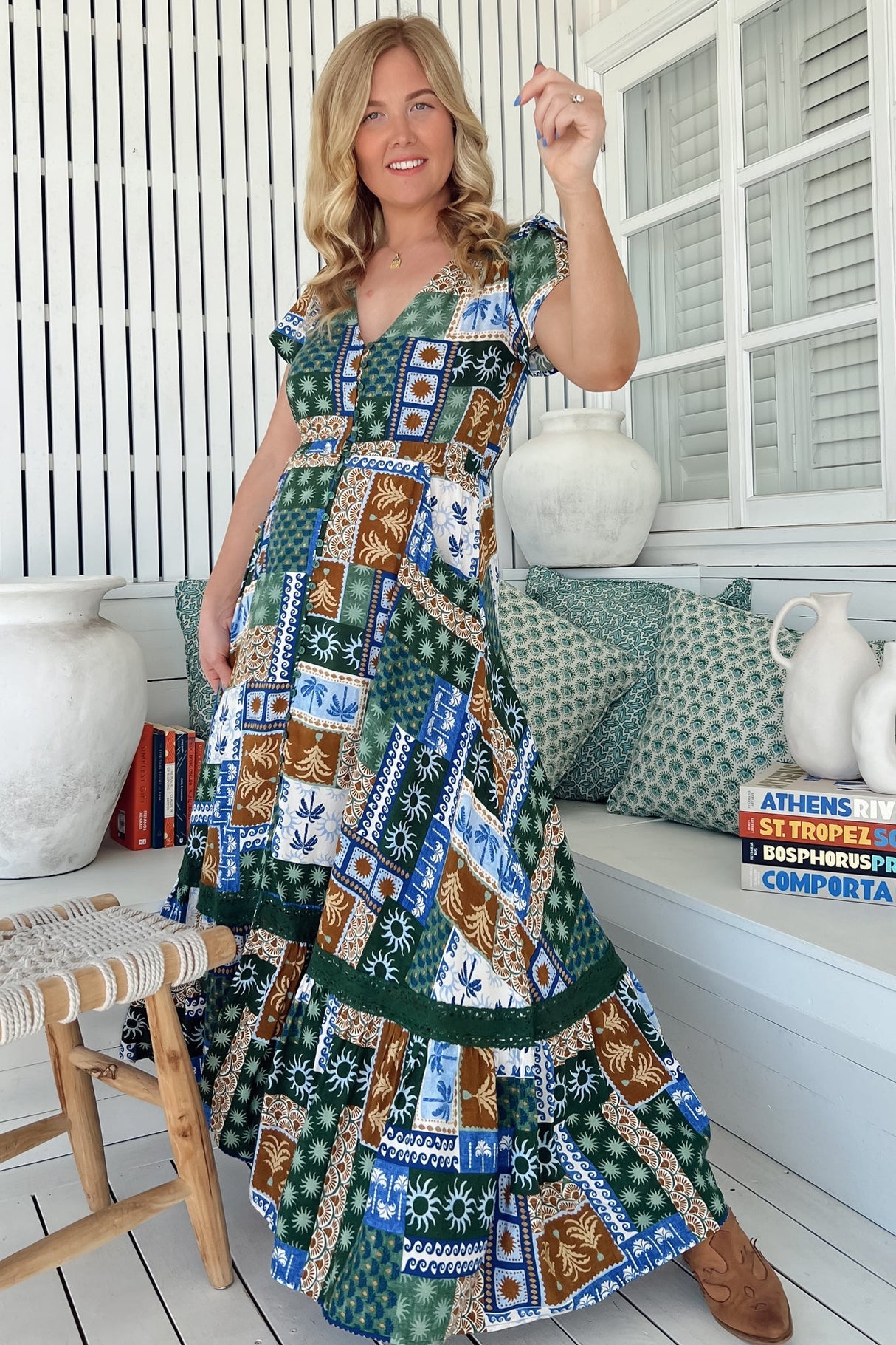 Jaase - Carmen Maxi Dress: Butterfly Cap Sleeve Button Down A Line Dress With Lace Trim In Emerald Cove Print