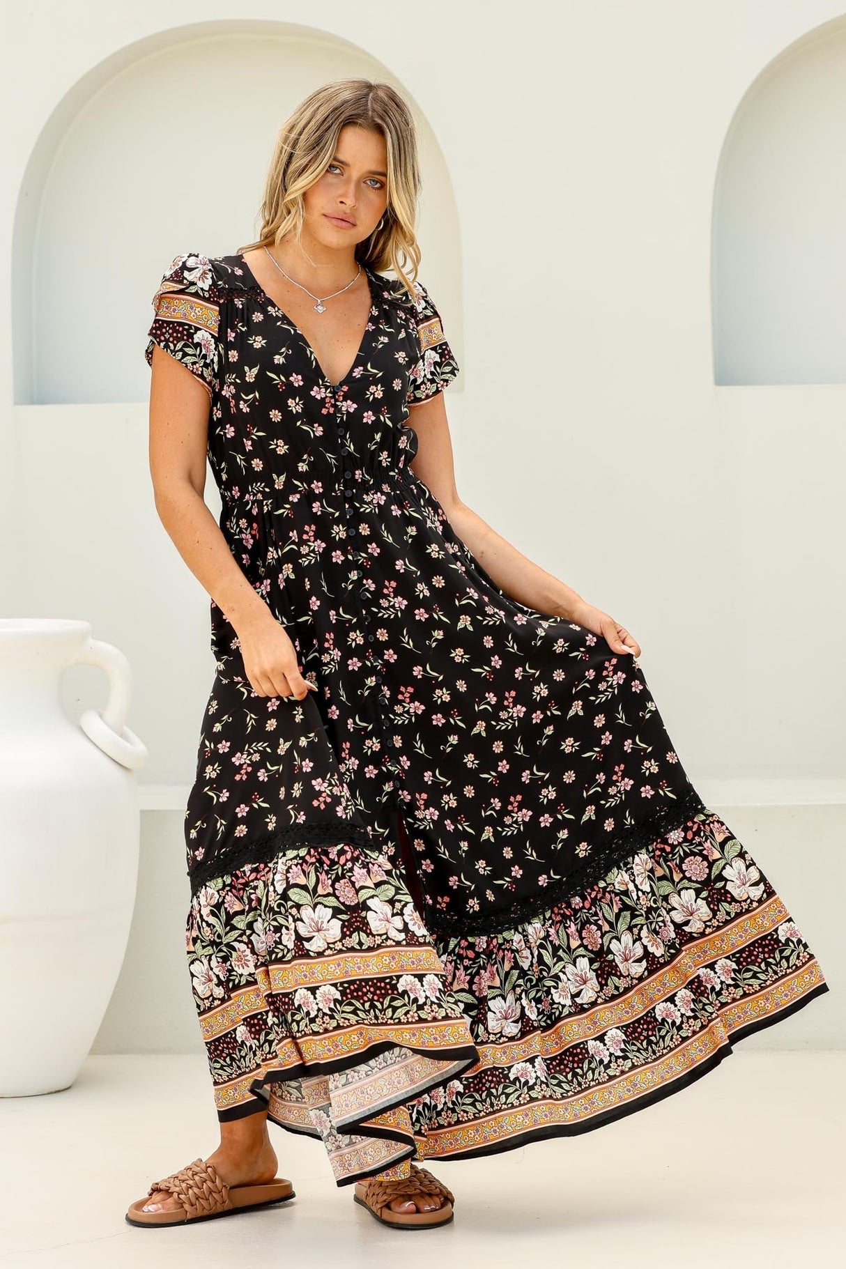 Jaase - Carmen Maxi Dress: Butterfly Cap Sleeve Button Down A Line Dress With Lace Trim In Eternity Print