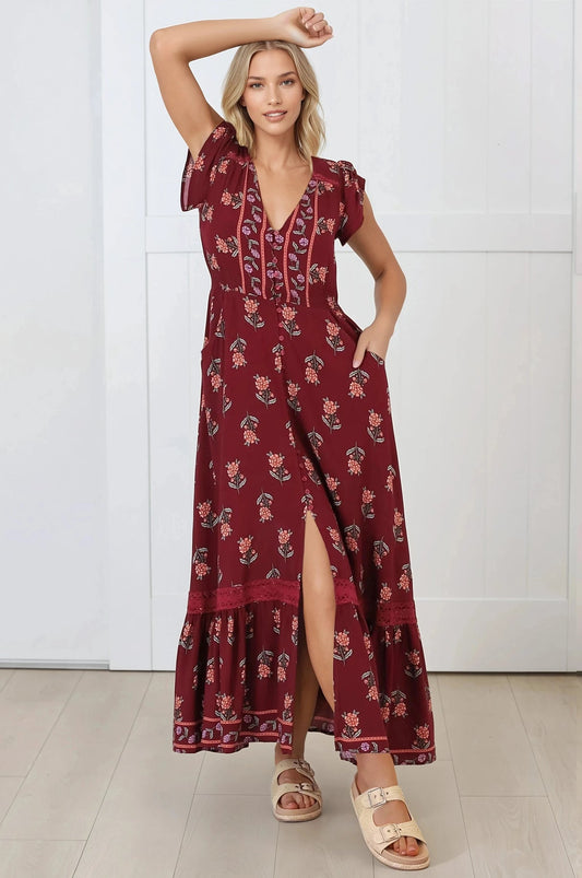 Jaase - Carmen Maxi Dress: Butterfly Cap Sleeve Button Down A Line Dress With Lace Trim In Grenache Print