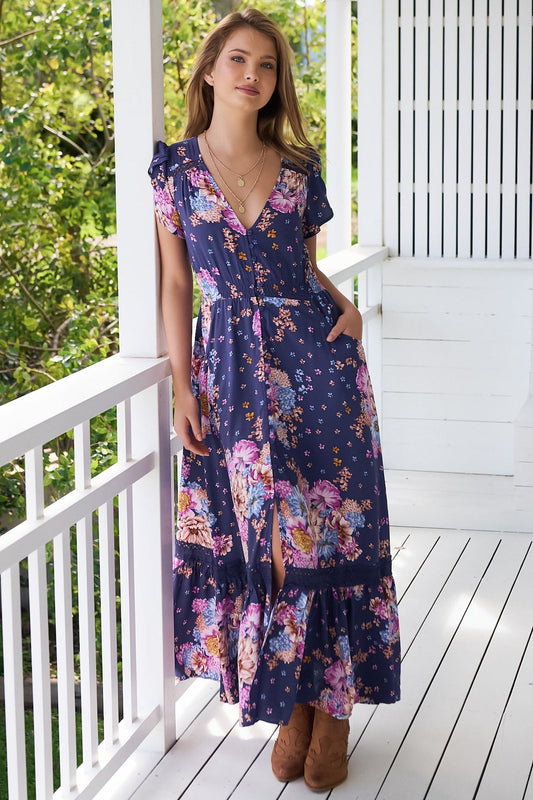 Jaase - Carmen Maxi Dress: Butterfly Cap Sleeve Button Down A Line Dress With Lace Trim In Wild Whim Print