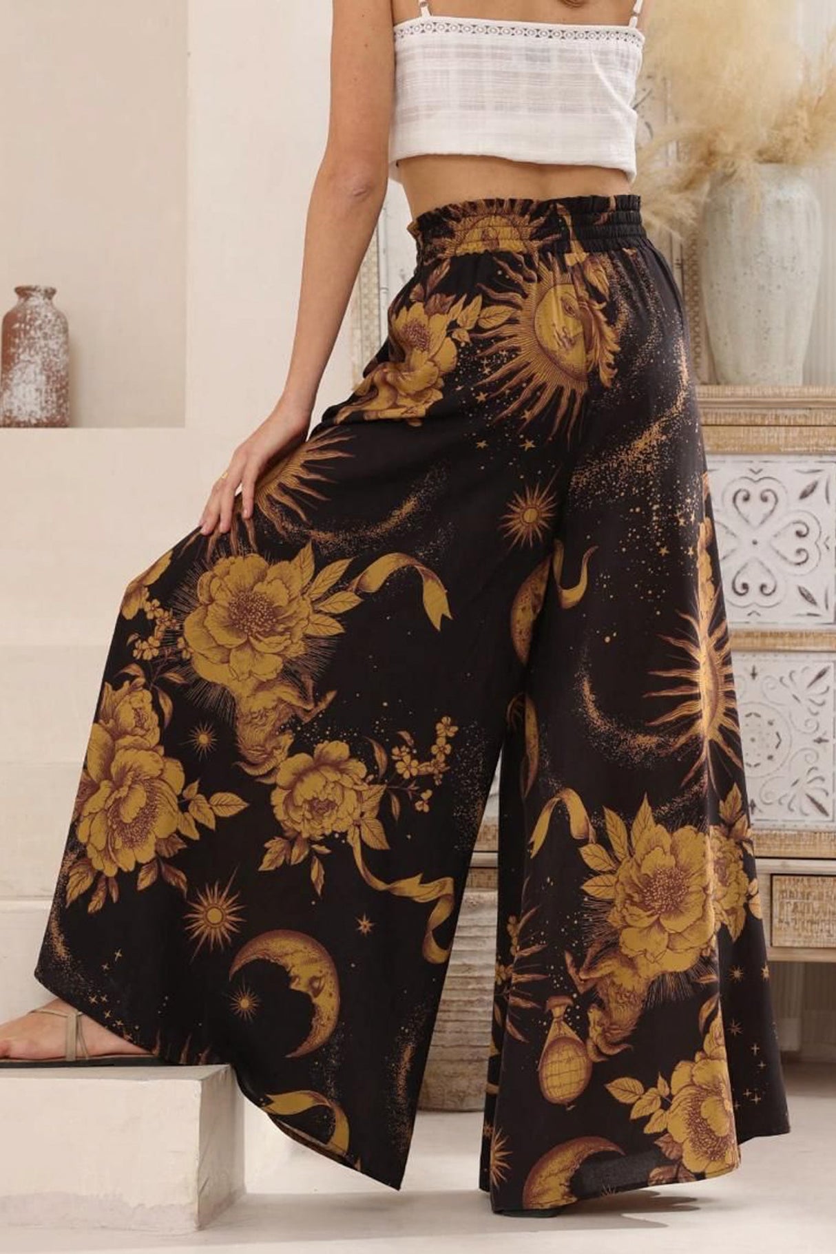 Charli Pants - Paper Bag High Waisted Wide Leg Pants In Goldie Print